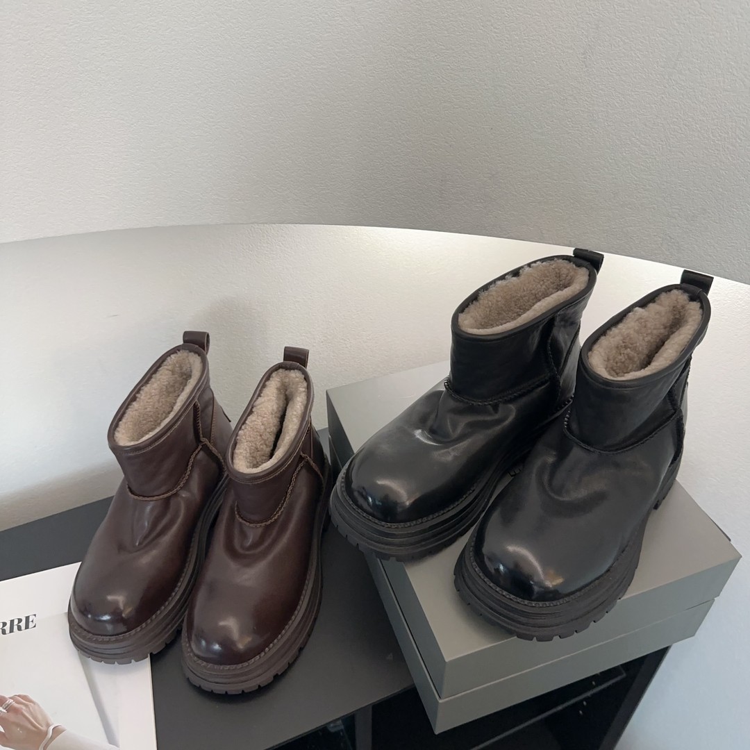 素陌冬季水洗马皮切尔西靴羊皮毛一体短靴真皮加绒雪地靴24913主图