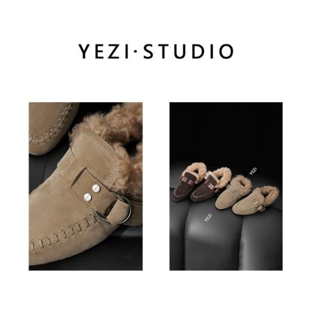 【魔女鞋】牛反绒拼羊卷毛扣带平底保暖加绒乐福鞋25449038      