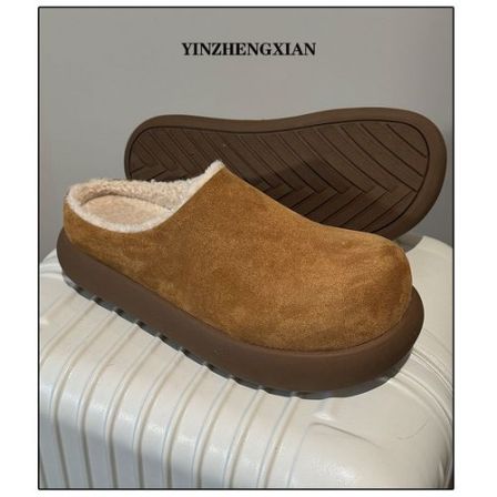 尹政贤 休闲风极简风反绒皮百搭风包头拖毛绒厚底情侣包跟拖鞋