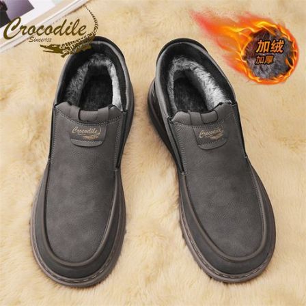 鳄鱼恤皮棉鞋冬季休闲商务爸爸鞋加绒加厚一脚蹬防水老人保暖鞋子