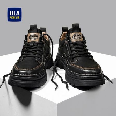 海澜之家男鞋冬季厚底休闲皮鞋黑色一脚蹬男士英伦风增高工装鞋