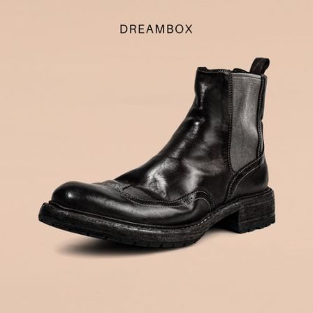 dreambox钧博vibram男靴水洗马皮布洛克雕花切尔西靴手工男士靴子