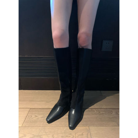 ASM ANNA 全定制头层牛皮&羊皮拼接显瘦高筒小猫跟秋冬方头靴子女