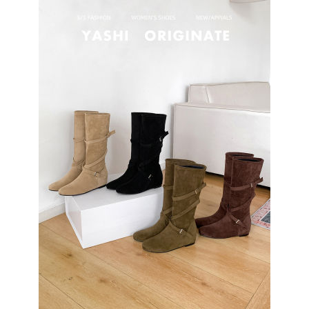 法式复古增高尖圆头交叉带粗跟骑士靴2025冬季新款显瘦百搭中筒靴