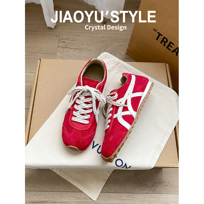 真皮~骄屿5CM内增高德训鞋女2025新款秋冬红色加绒休闲运动阿甘鞋主图