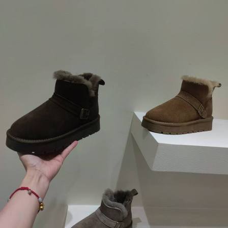 温州全皮店 牛皮羊毛底短筒百搭加绒保暖休闲毛毛雪地靴 985-5
