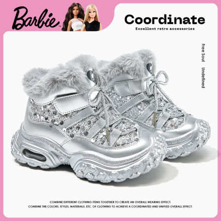 芭比童鞋女童老爹鞋2025新款冬季加绒运动鞋保暖大棉鞋子儿童棉鞋