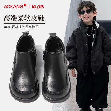 奥康黑色男童皮鞋冬真皮软底冬季儿童棉鞋男加绒小皮鞋男孩中大童