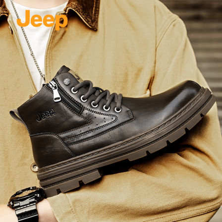 jeep男鞋秋冬季新款复古马丁靴男士厚底高帮靴子户外防滑工装皮靴