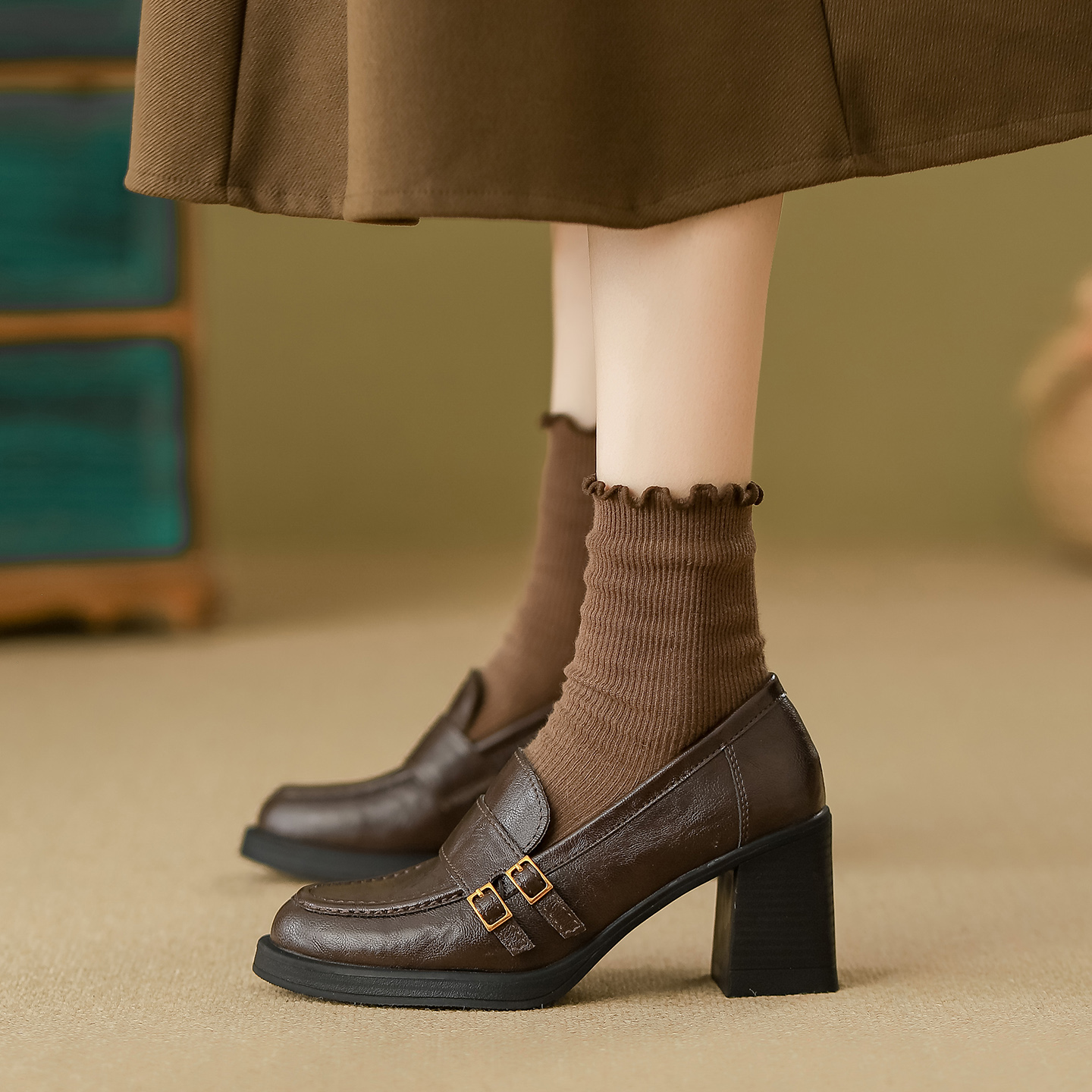 羊皮~高跟乐福鞋女英伦风2025秋季新款一脚蹬粗跟单鞋复古小皮鞋主图