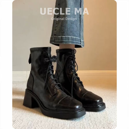 真皮厚底短靴女2025秋冬新款高跟鞋粗跟瘦瘦靴子加绒英伦风马丁靴