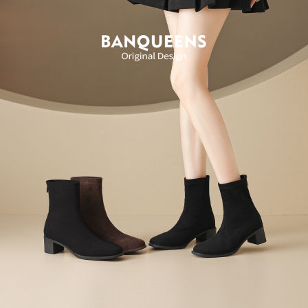 半曲绒面高跟短靴女2025新款冬复古英伦粗跟法式弹力瘦瘦靴马丁靴