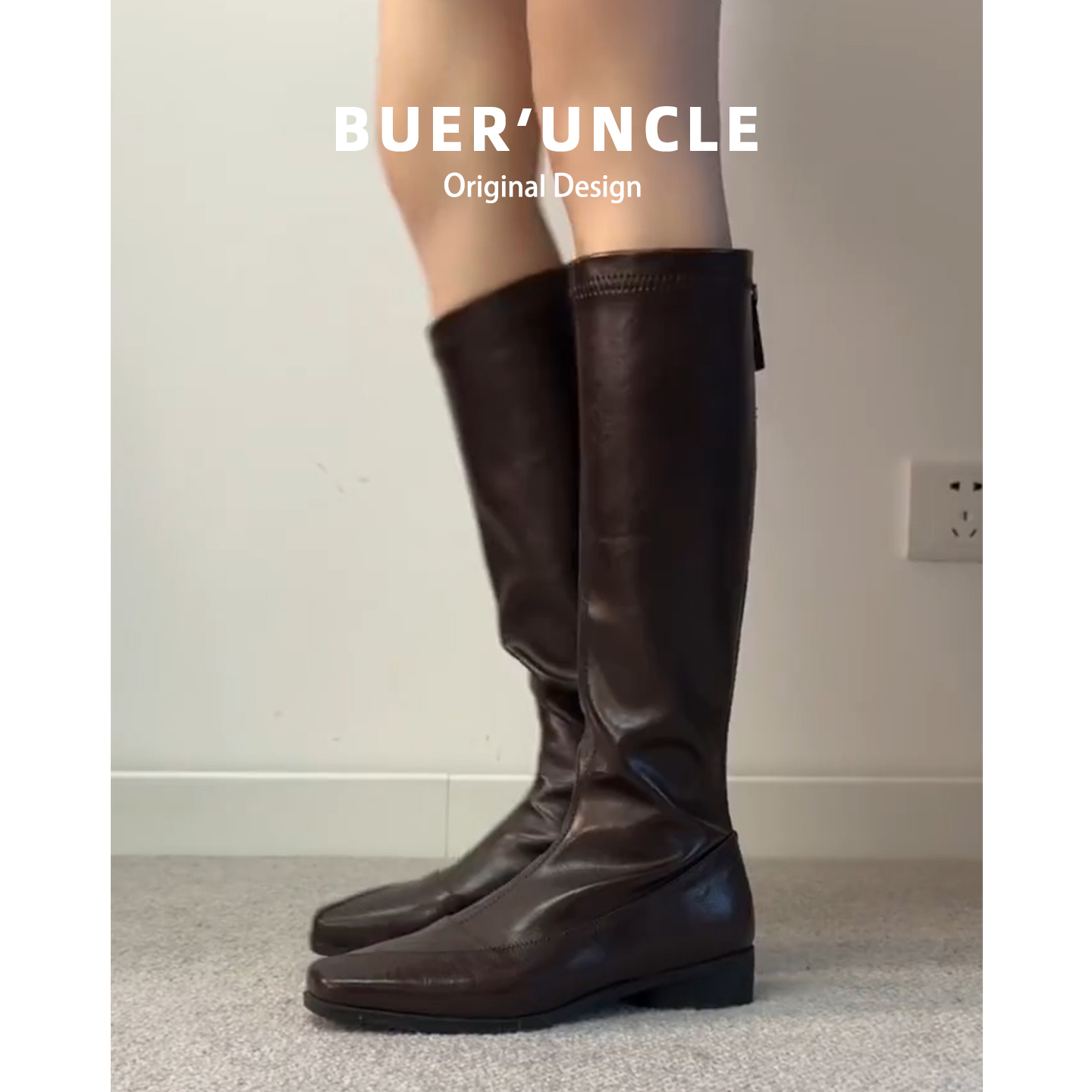 牛皮版~复古极简真皮方头瘦瘦靴女高筒长靴后拉链气质通勤长筒靴主图