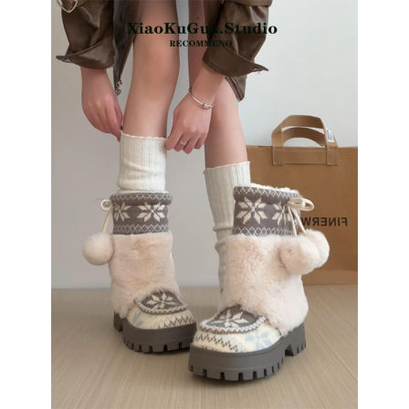 费尔岛毛毛雪地靴女2025新款冬季加绒加厚东北棉鞋针织厚底长筒靴