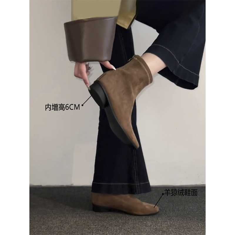 Wheat house ~！法式复古6cm内增高瘦瘦靴女气质方头棕色时髦短靴主图