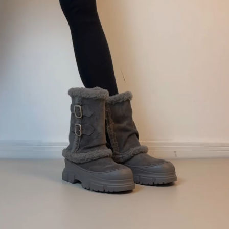 牛皮版~小个子厚底增高加绒保暖中筒雪地靴女圆头复古舒适毛毛鞋