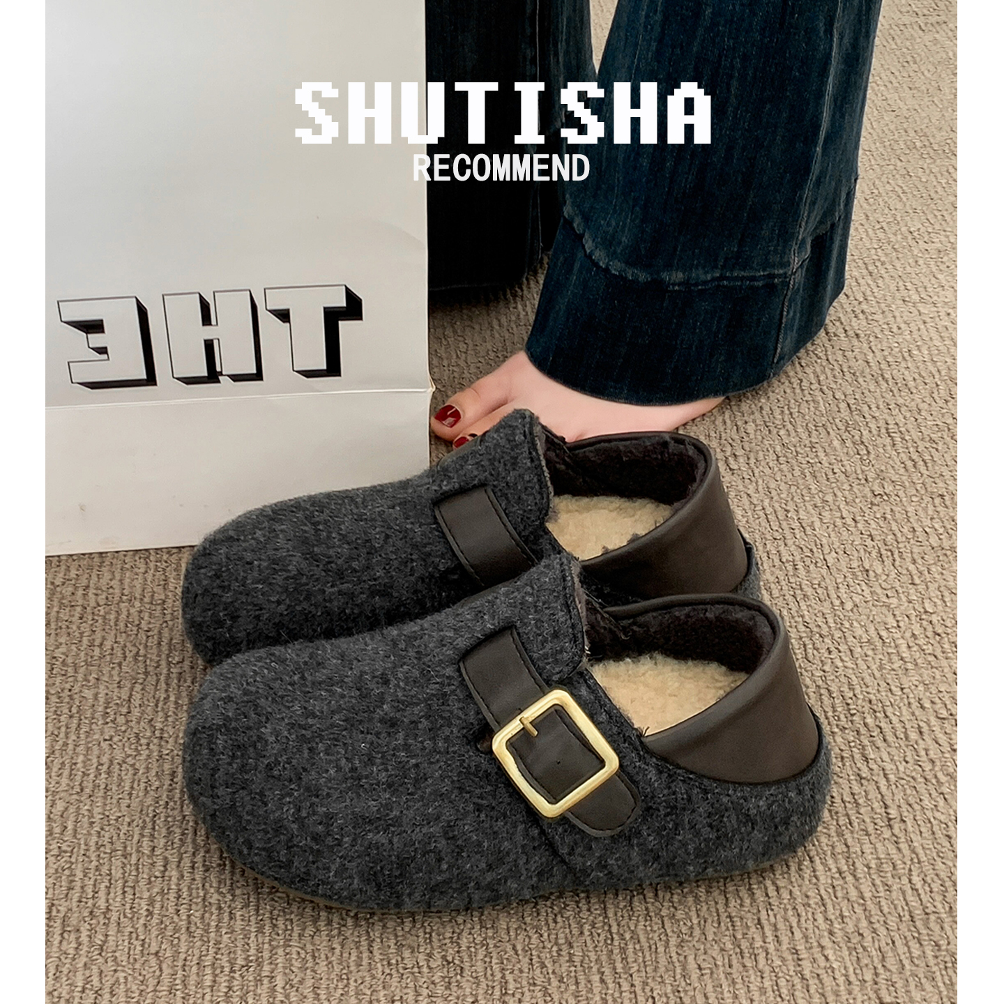 复古内增高两穿勃肯鞋女2025新款秋冬毛绒超火灰色厚底加绒棉鞋子主图