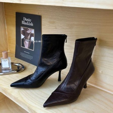 韩版软皮显瘦细跟尖头女靴短筒高跟鞋时装靴后拉链法式瘦瘦女短靴