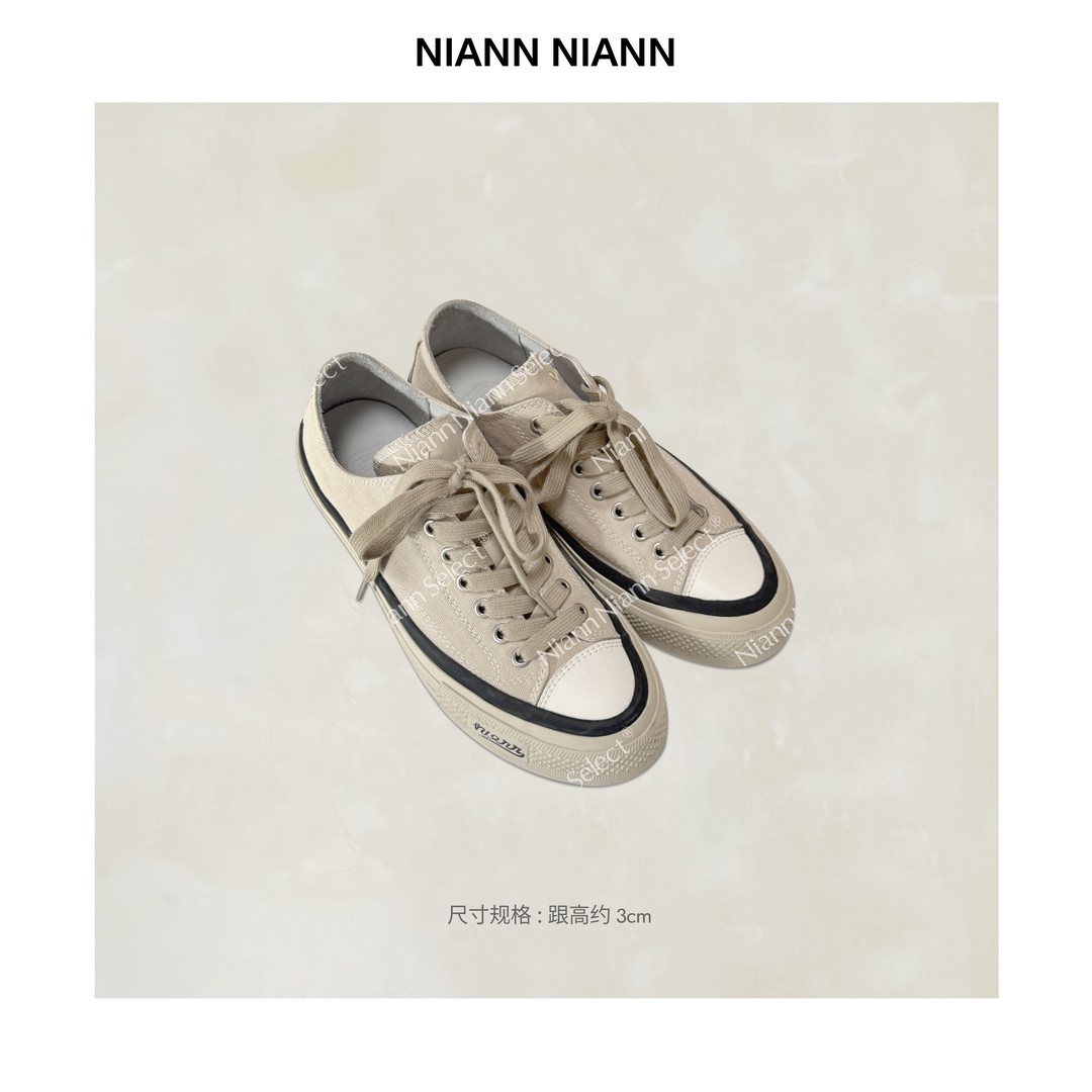 NiannNiann 新款鞋履复古休闲帆布拼接牛皮厚底奶茶板鞋16490主图