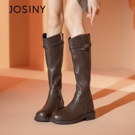 卓诗尼2025小个子增高长筒靴时尚粗跟优雅气质百搭显瘦纯色经典款