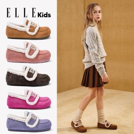  ELLE KIDS童鞋女童棉鞋2025冬季加绒保暖休闲鞋小女孩毛毛乐福鞋