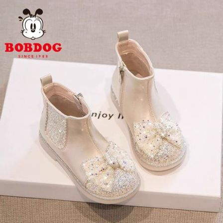 巴布豆女童靴子宝宝秋冬单靴儿童马丁靴小女孩洋气公主皮靴冬加绒