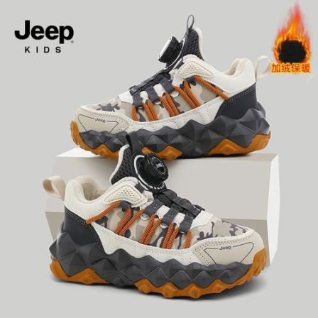 jeep童鞋运动鞋冬季中大童软底加绒纽扣鞋男女童轻便户外迷彩跑鞋