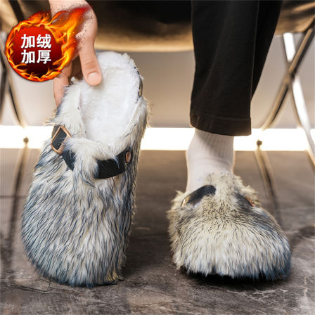 勃肯鞋男款冬季新款外穿加绒保暖个性潮流增高软底包头毛毛拖鞋女