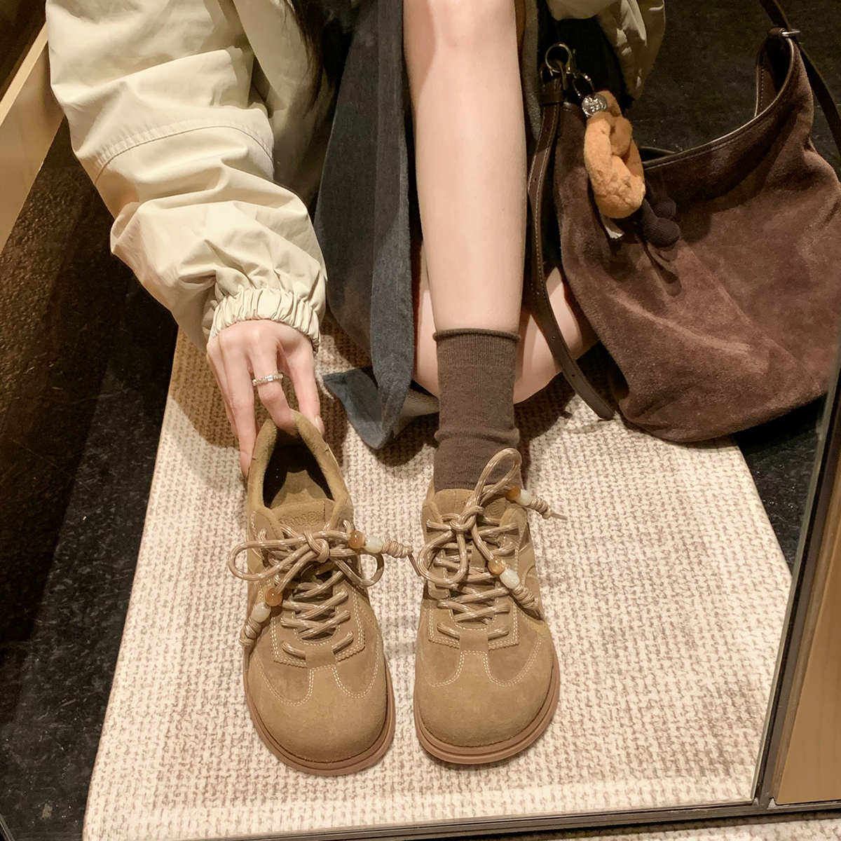 葡萄妈studiolee 增高4cm~ 时髦串珠加绒系带芒果头厚底德训鞋女主图