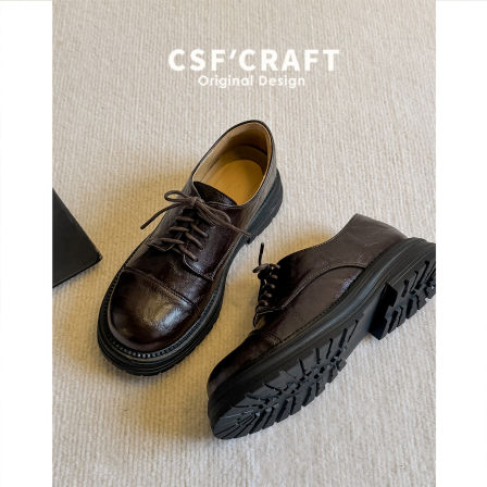 小羊皮英伦风厚底乐福鞋女2025秋季新款复古系带小皮鞋学院风单鞋