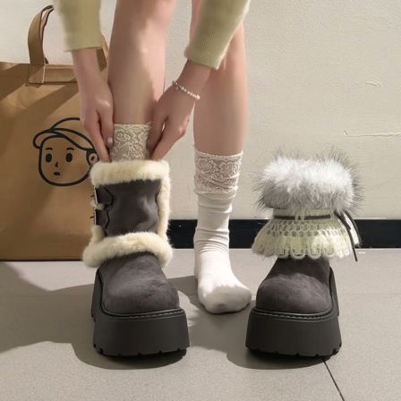复古费尔岛厚底雪地靴女2025新款冬季加绒保暖毛毛靴可拆卸棉鞋子