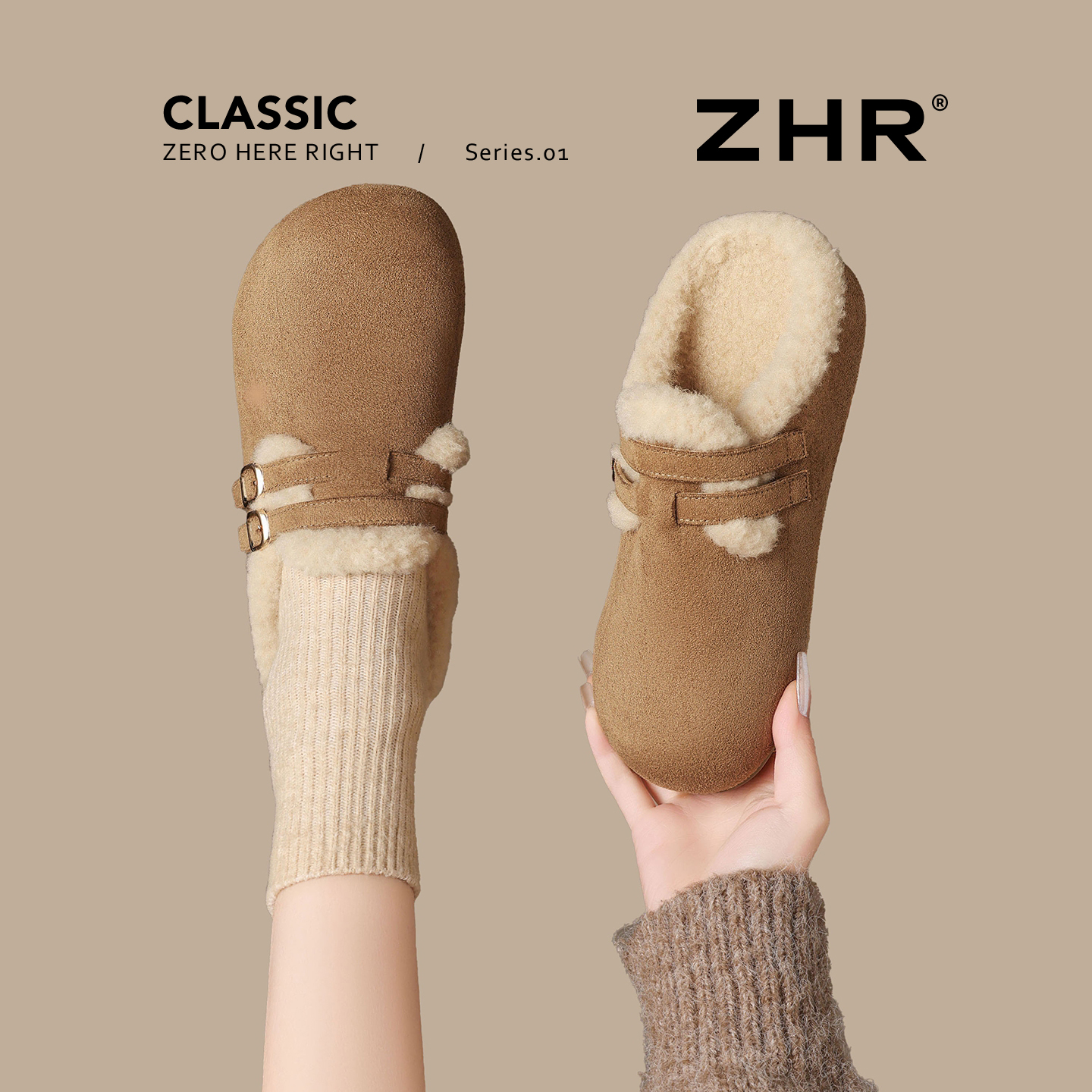 ZHR则则加绒勃肯半拖鞋女2025冬新款外穿一脚蹬包头拖鞋毛毛棉鞋主图