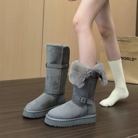 厚底灰色毛毛棉靴雪地靴女鞋2025秋冬加绒加厚雪地棉鞋中筒长靴子