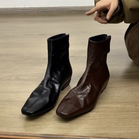 Dannyfrey法式复古风复古方头短靴女真皮粗跟百搭瘦瘦靴切尔西靴