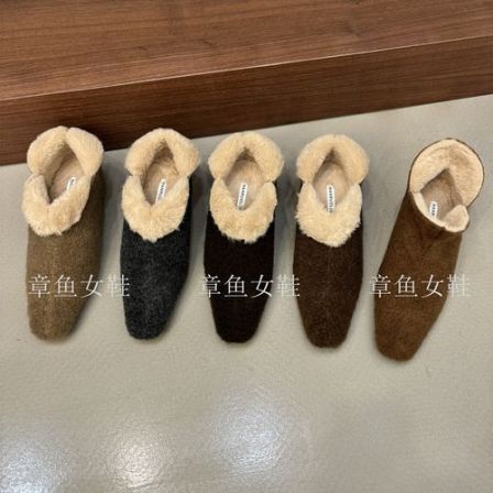 巨好看~复古一脚蹬毛毛鞋方头内增高毛呢单鞋女冬季加绒保暖棉鞋