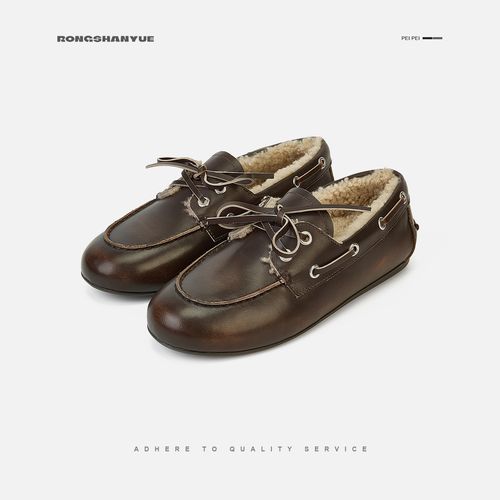 Rongshanyue复古加绒牛皮单鞋2025冬新款做旧一脚蹬乐福鞋B1523主图