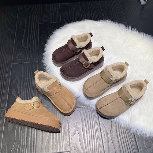 2025冬新款百搭厚底加绒乐福勃肯毛毛鞋雪地靴女棉鞋短靴子078主图