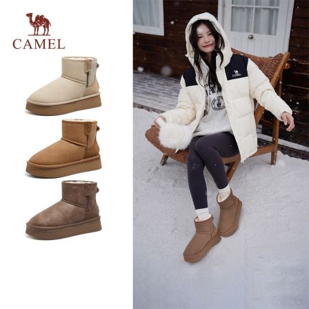 【骆驼】女鞋冬季新款加绒保暖加厚圆头厚底雪地靴L24W275655