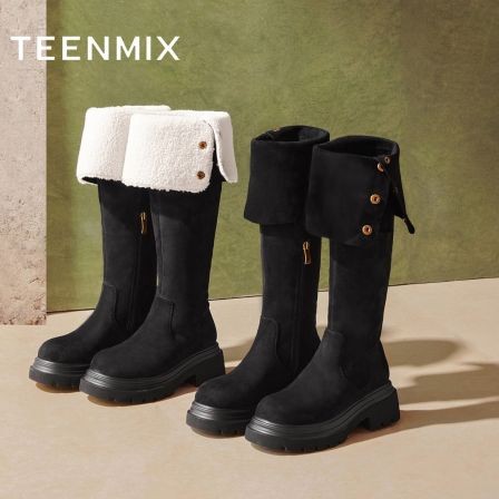 天美意2025冬新款显瘦百搭厚底潮流纯色瘦瘦靴女弹力靴KTX22DC5