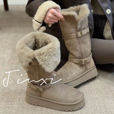 扣带厚底真毛翻边保暖棉鞋中长筒跟高5厘米雪地靴-HGX251133