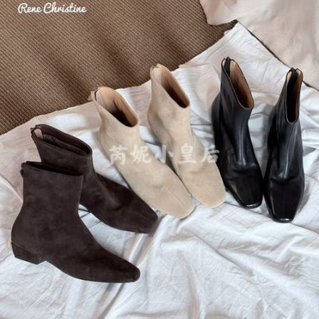 ReneChristine|3cm|秋冬新款瘦瘦靴显脚小短靴平跟方头保暖女靴