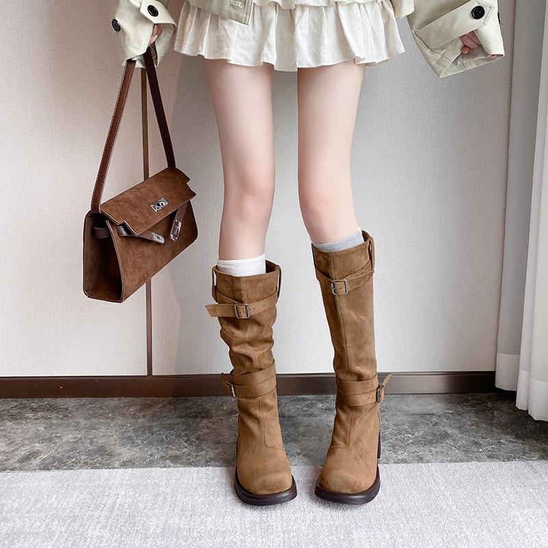 戈森定制靴子女长筒靴2025新款粗跟圆头显瘦高筒骑士靴褶皱堆堆靴主图