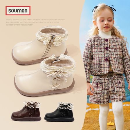 书萌儿童皮靴加绒棉靴2025新款女童冬鞋保暖鞋宝宝公主靴小童短靴