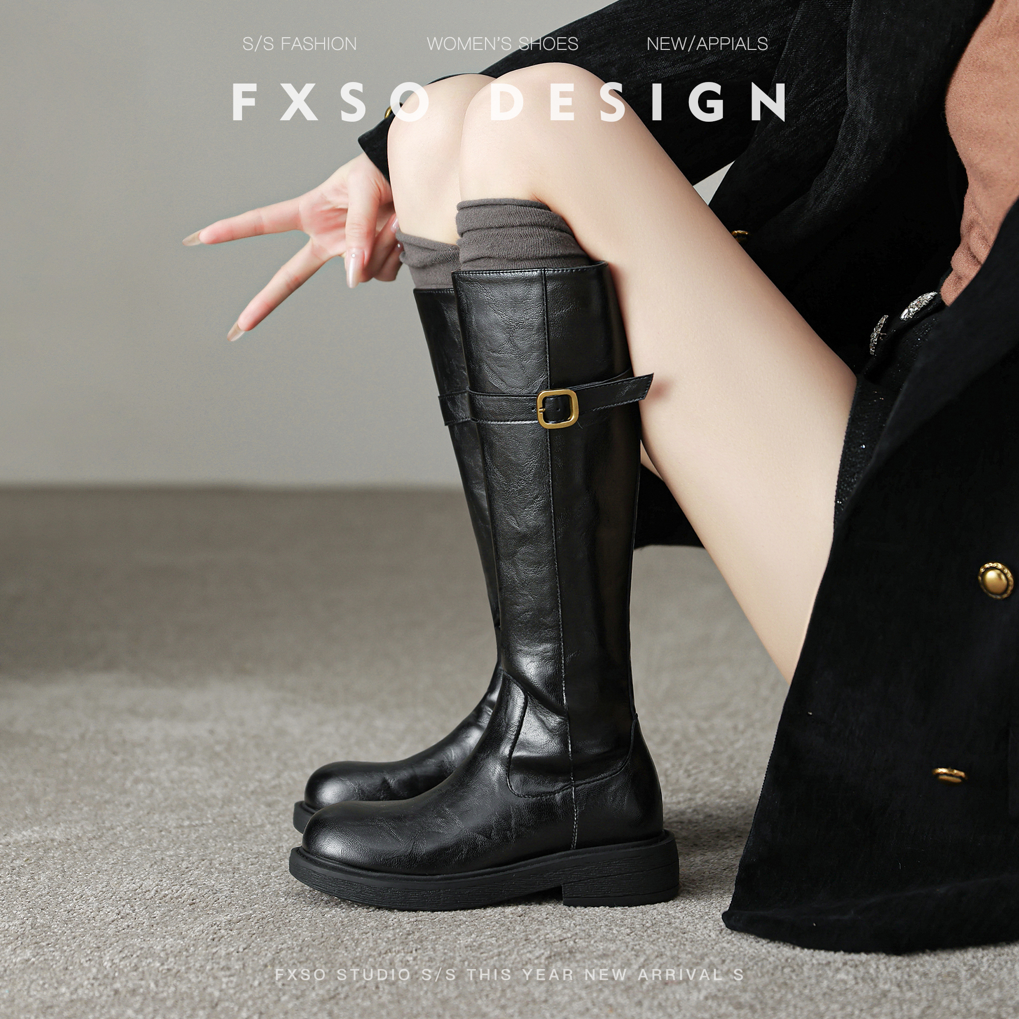 真皮方巷大叔2025冬季新款皮带扣骑士靴女小个子厚底增高高筒靴女主图