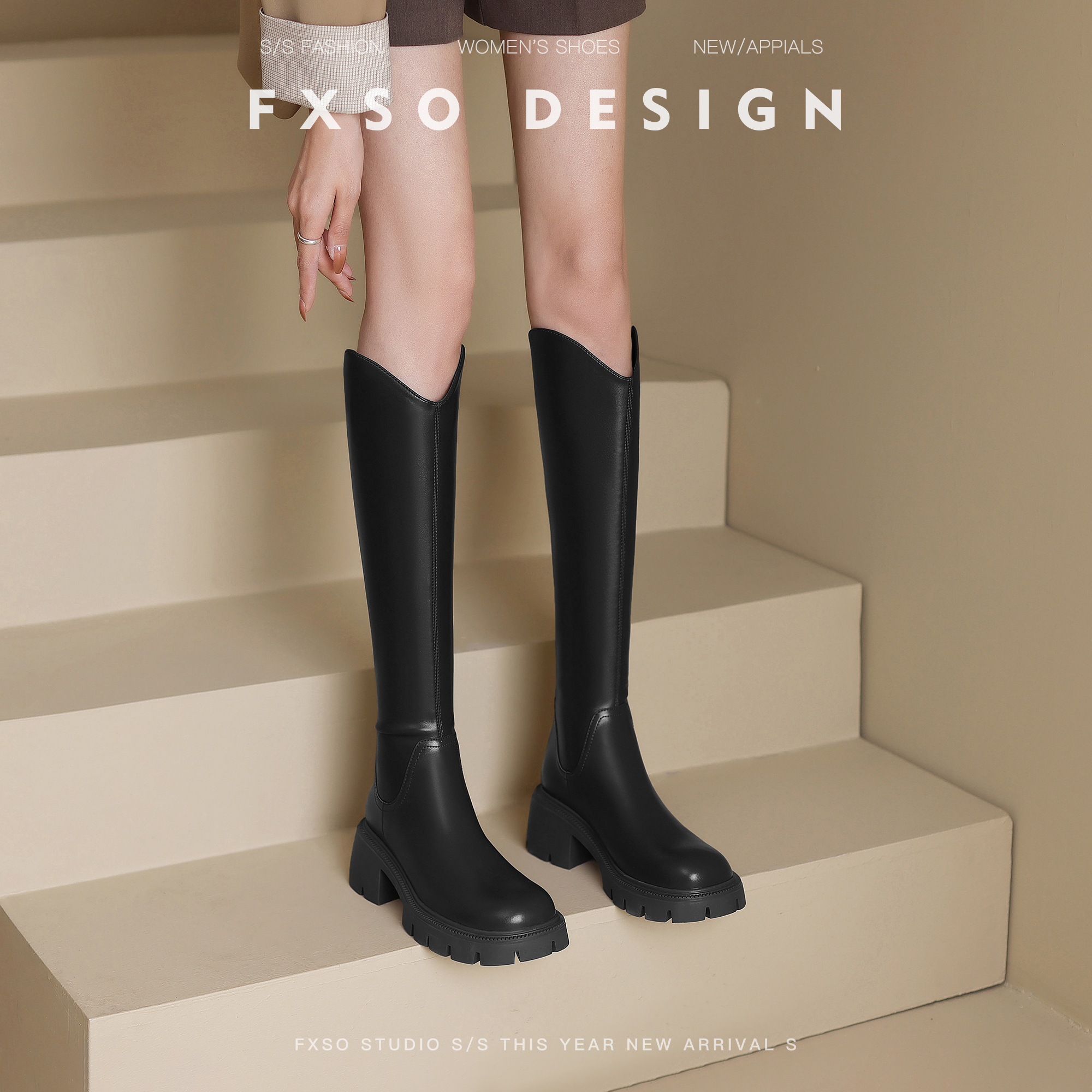 真皮FXSO方巷2025冬季爆款V口显瘦骑士靴女厚底小个子增高高筒靴主图