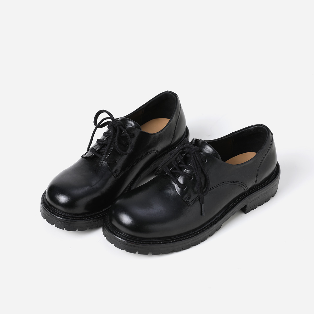 ED08038 茉莉雅集 经典复古英伦风水洗马皮系带圆头单鞋小皮鞋女主图