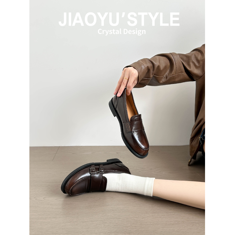 真皮~骄屿复古圆头小皮鞋英伦风棕色一脚蹬单鞋皮带扣通勤乐福鞋主图