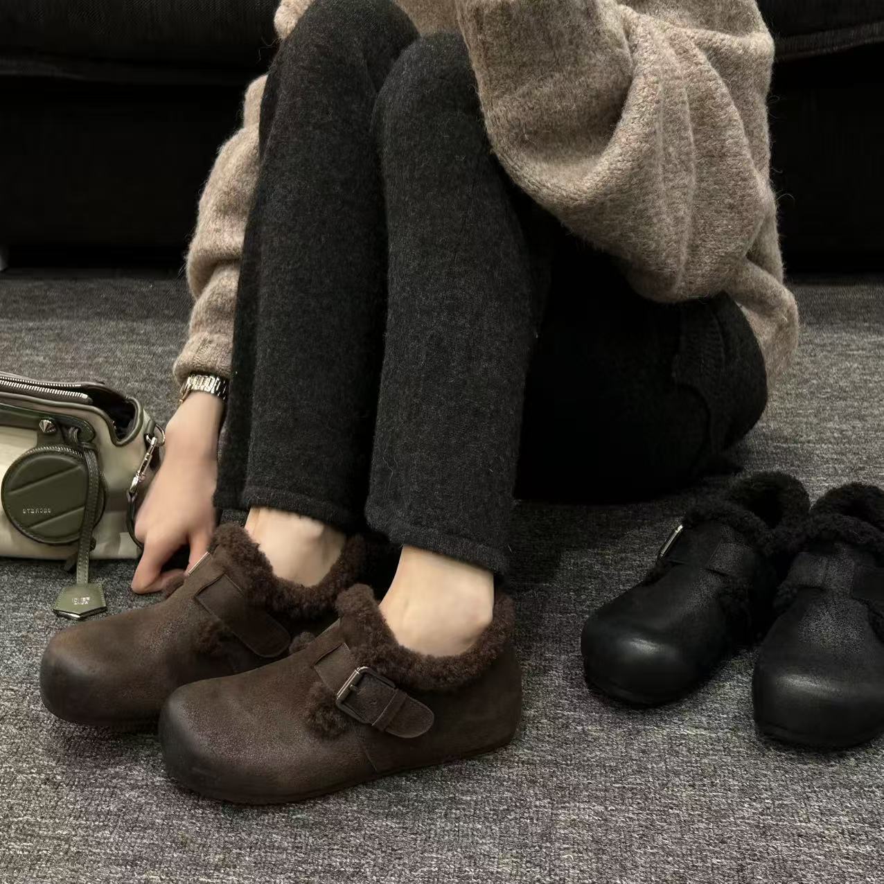 H55女鞋尤加利2025冬季新款休闲复古百搭平底一脚蹬加棉勃肯鞋主图