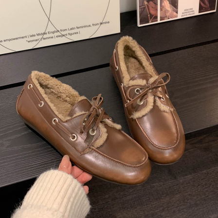 英伦风加绒乐福鞋女复古系带保暖通勤小皮鞋平底百搭真皮单鞋