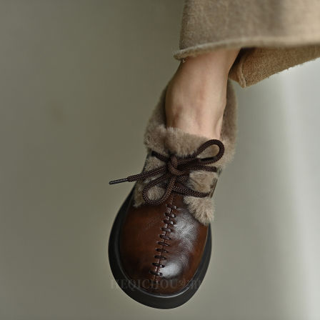 何其丑 牛皮棕色加绒单鞋女中跟真皮乐福鞋圆头 2025新款秋冬女鞋